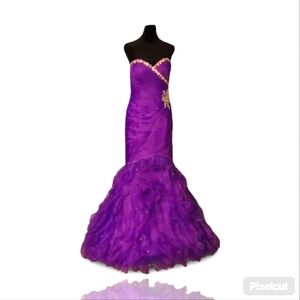Mori Lee Purple Strapless Dress with Gold Accents